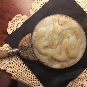 Antique Heirloom Jade and Silver Mirror Collectible
